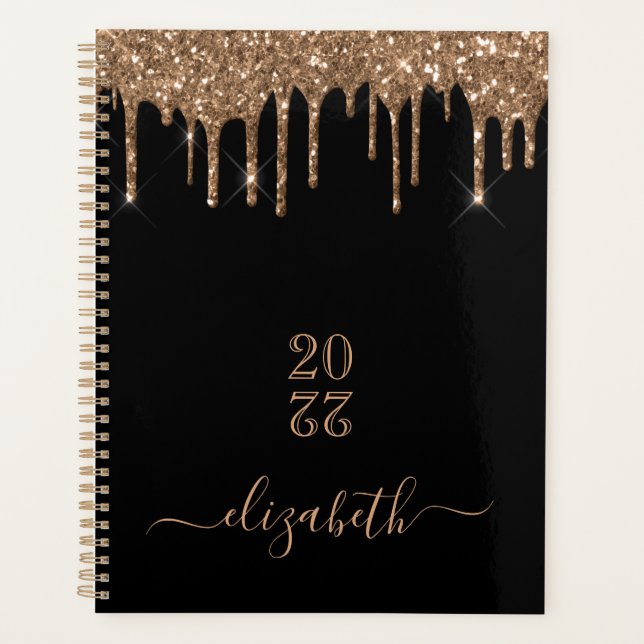 Black gold glitter drips monogram name planner (Front)