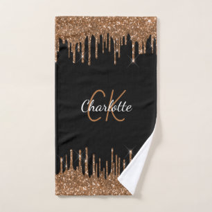 Black gold glitter drips monogram script elegant  bath towel set