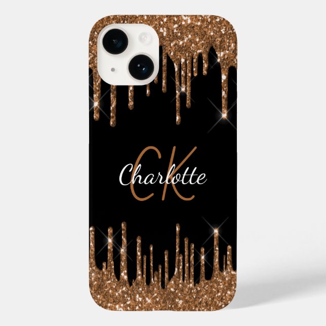 Black gold glitter drips monogram script elegant Case-Mate iPhone case (Back)