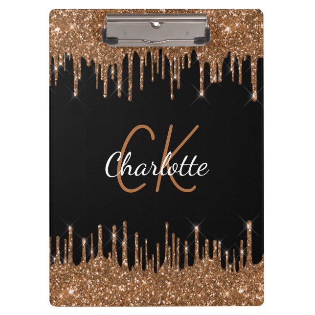 Black gold glitter drips monogram script elegant clipboard (Front)