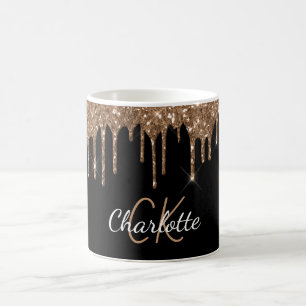 Black gold glitter drips monogram script elegant  coffee mug