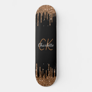 Black gold glitter drips monogram script elegant skateboard