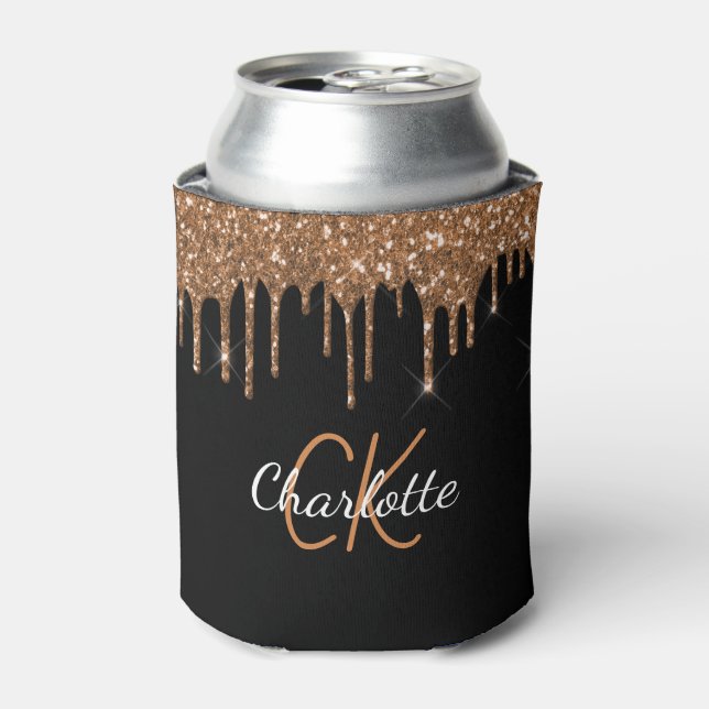 Black gold glitter drips monogram sparkle can cooler (Can Front)