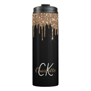 Black gold glitter drips monogram sparkle chic thermal tumbler