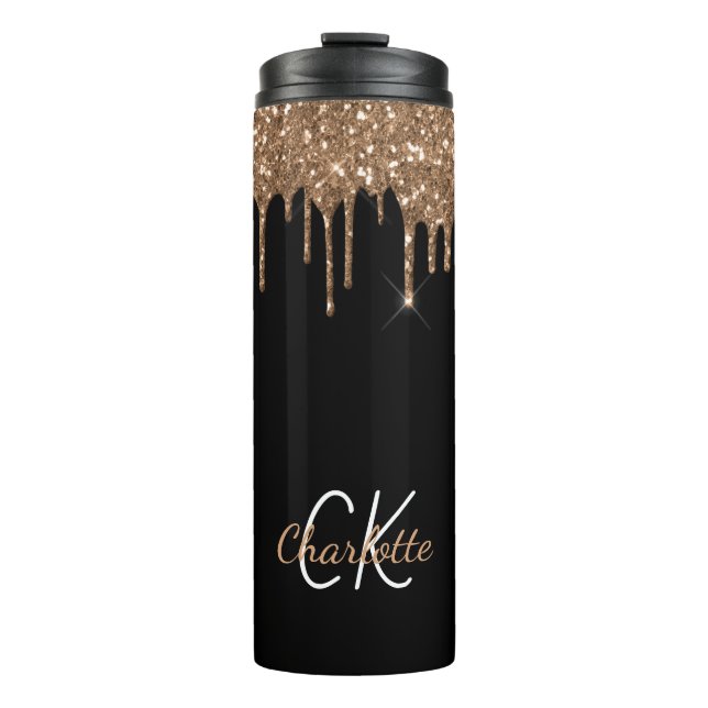 Black gold glitter drips monogram sparkle chic thermal tumbler (Front)