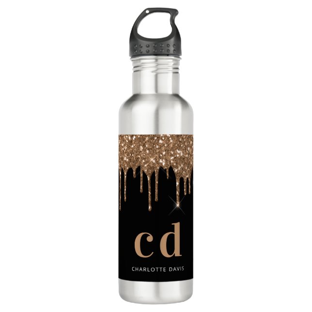 Black gold glitter drips monogram sparkle elegant 710 ml water bottle (Front)