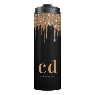 Black gold glitter drips monogram sparkle elegant thermal tumbler