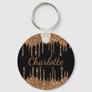 Black gold glitter drips name sparkle key ring