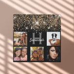 Black gold glitter dust custom photo collage name faux canvas print<br><div class="desc">A unique gift or a treat for yourself celebrating her/your life with a collage of 5 of your own photos, pictures. Personalise and add a monogram letter. A black background. White and grey text. Decorated with faux gold glitter dust. The name is written with a modern hand lettered style script....</div>