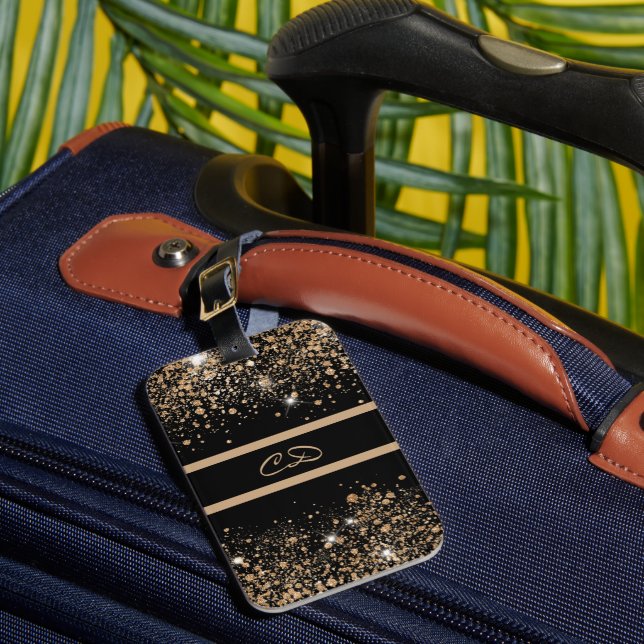 Black gold glitter dust monogram initials  luggage tag (Front Insitu 1)