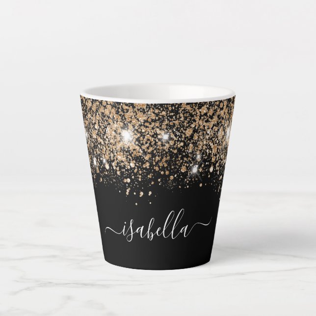 Black gold glitter dust name glam script latte mug (Front)