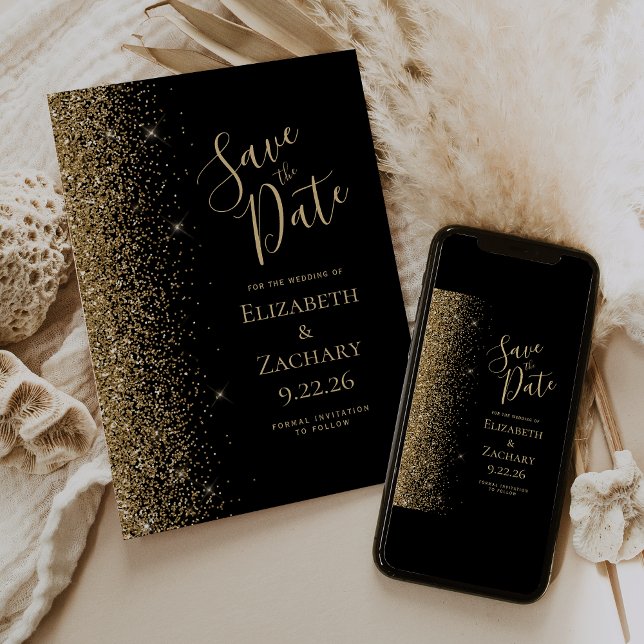 Black Gold Glitter Edge Save the Date Announcement (Creator Uploaded)