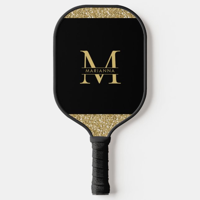 Black Gold Glitter Elegant Monogram Personalised Pickleball Paddle (Front)