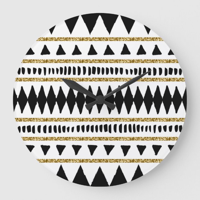 Black Gold Glitter Ethnic Pattern Large Clock (Front)
