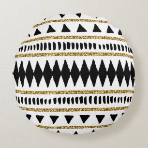 Black Gold Glitter Ethnic Pattern Round Cushion