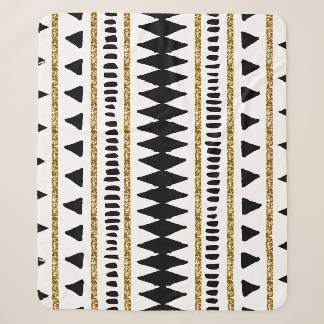 Black Gold Glitter Ethnic Pattern Sherpa Blanket (Front)