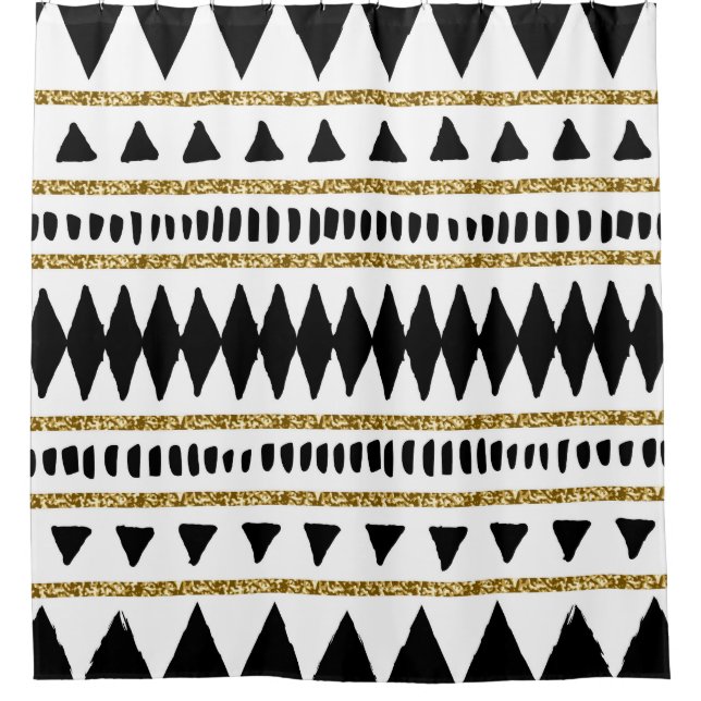 Black Gold Glitter Ethnic Pattern Shower Curtain (Front)