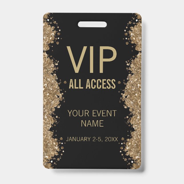 Black Gold Glitter Event VIP All Access Pass ID  Badge (Front)