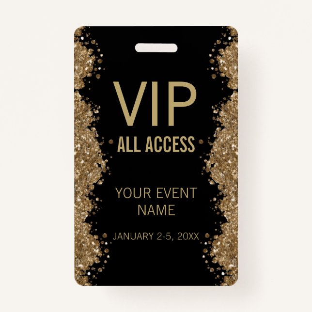 Black Gold Glitter Event VIP All Access Pass ID  ID Badge (Front)