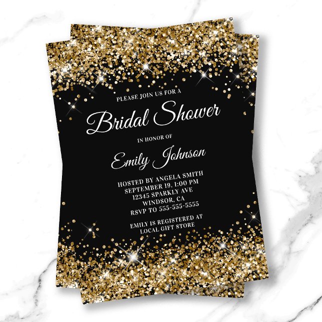 Black Gold Glitter Fancy Script Bridal Shower Invitation (Black Gold Glitter Fancy Script Bridal Shower Invitation)
