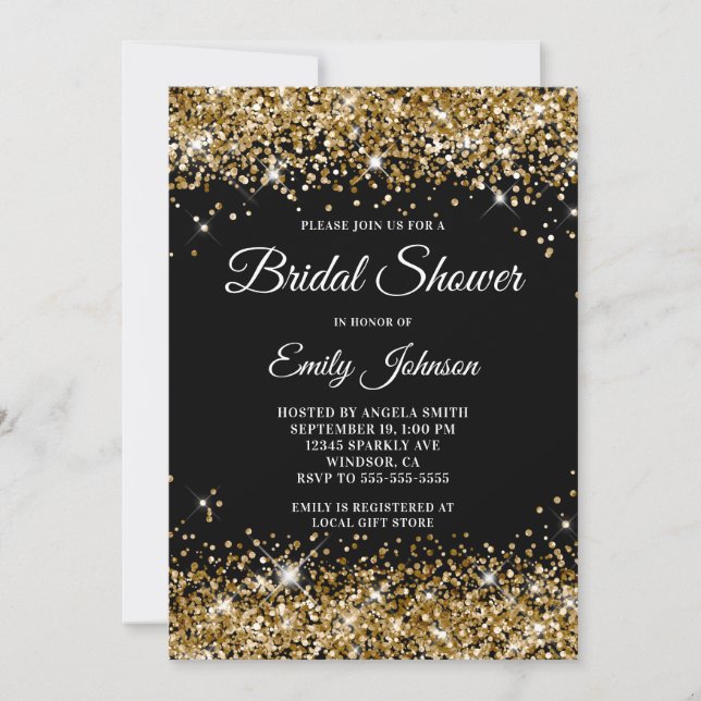 Black Gold Glitter Fancy Script Bridal Shower Invitation (Front)