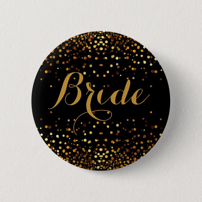 Black Gold Glitter Faux Foil Confetti Dot Bride 6 Cm Round Badge (Front)