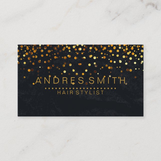 Black Gold Glitter Faux Foil Confetti Hair Stylist Business Card (Front)