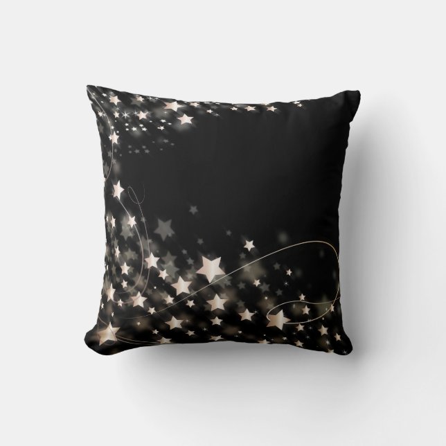 Black Gold Glitter Faux Foil Confetti Stars Cushion (Front)