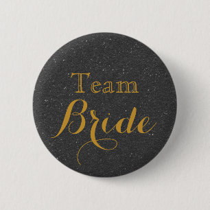 Black Gold Glitter Faux Foil Wedding Team Bride 6 Cm Round Badge