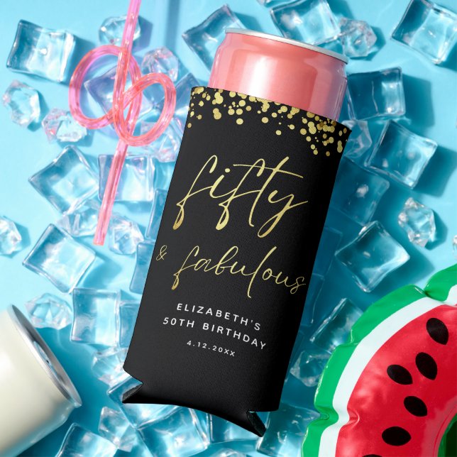 Black Gold Glitter Fifty and Fabulous Birthday Sel Seltzer Can Cooler (In Situ Summer)