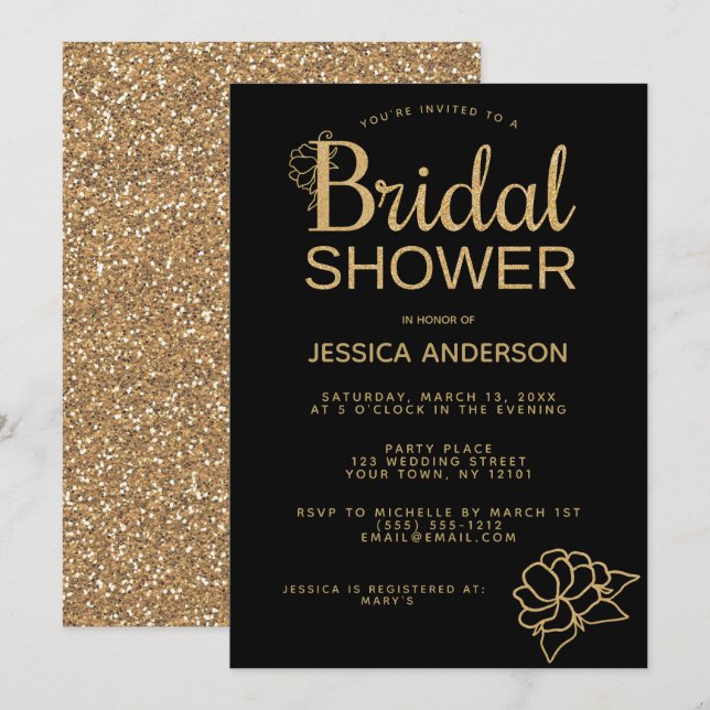 Black Gold Glitter Floral Bridal Shower Invitation (Front/Back)
