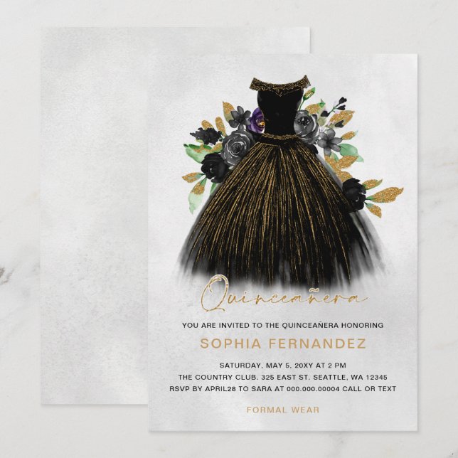 Black Gold Glitter Floral Dress Quinceañera Invitation (Front/Back)