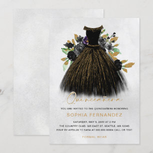 Black Gold Glitter Floral Dress Quinceañera Invitation