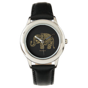 Black & Gold Glitter Floral Elephant Illustration Watch