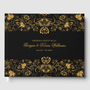 Black & Gold Glitter Floral Lace Border Guest Book