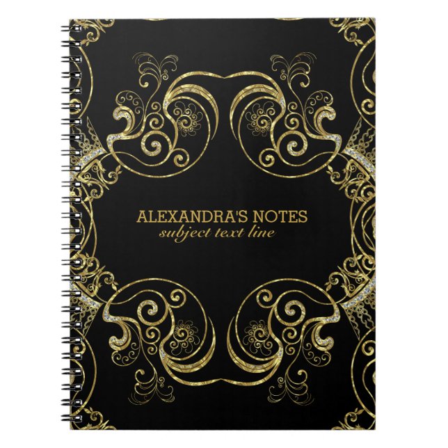 Black & Gold Glitter Floral Lace Frame 2 Notebook (Front)
