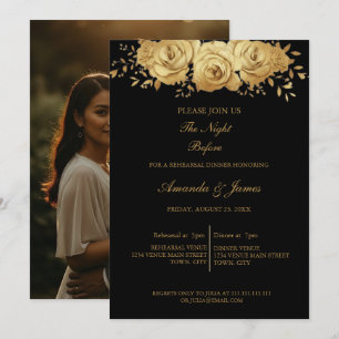 Black Gold Glitter Floral Photo Rehearsal Dinner Invitation