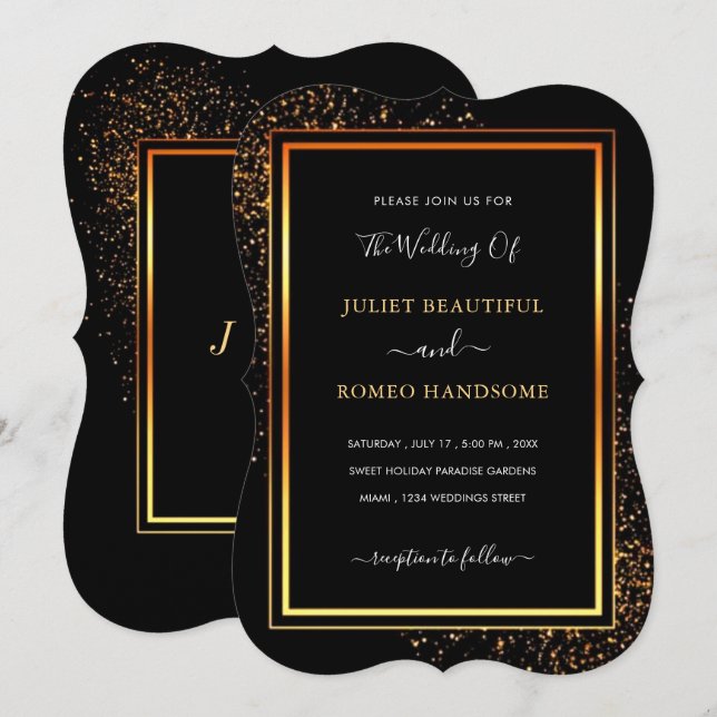 Black Gold Glitter Framed Wedding Invitation Card (Front/Back)