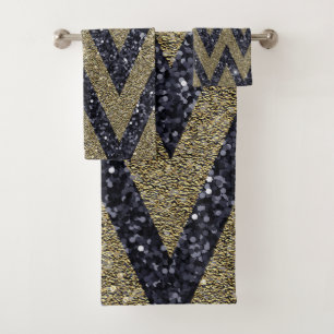 Black Gold Glitter Geometric Pattern Bath Towel Set