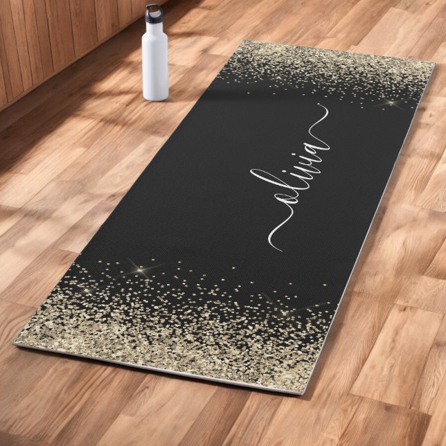Black Gold Glitter Girly Monogram Fitness Yoga Mat (Creator Uploaded)