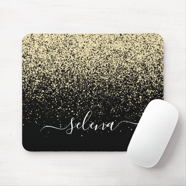 Black Gold Glitter Girly Monogram Mouse Mat (With Mouse)