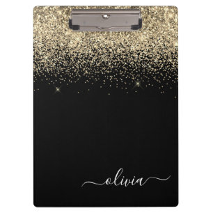Black Gold Glitter Girly Monogram Name Clipboard