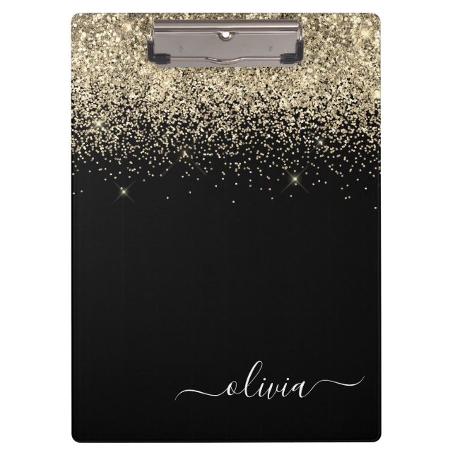 Black Gold Glitter Girly Monogram Name Clipboard (Front)
