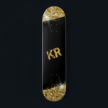 Black Gold Glitter Girly Monogram Skateboard<br><div class="desc">Black and Gold Glitter Personalised Skateboard with two custom-printed monogram initials customisation with a bold faux sparkle printed artwork with glittery bling perfect as a wall decoration,  keepsake,  or girly design skateboard to use at the park.</div>