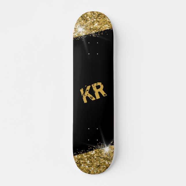 Black Gold Glitter Girly Monogram Skateboard (Front)