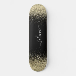 Black Gold Glitter Girly Monogram Skateboard