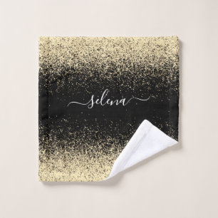 Black Gold Glitter Girly Monogram Wash Cloth