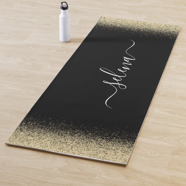 Black Gold Glitter Girly Monogram Yoga Mat (In Situ)