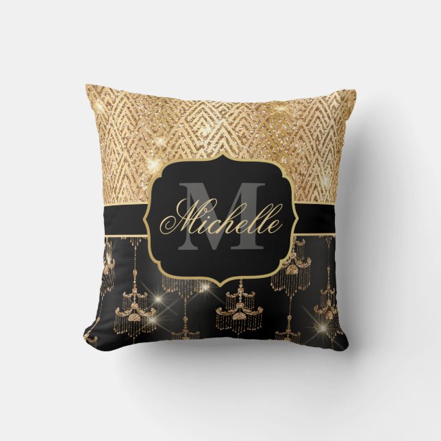 Black & Gold Glitter Glam Chandeliers & Art Deco Cushion (Front)