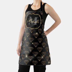 Black & Gold Glitter Glam Diamonds Pattern Apron